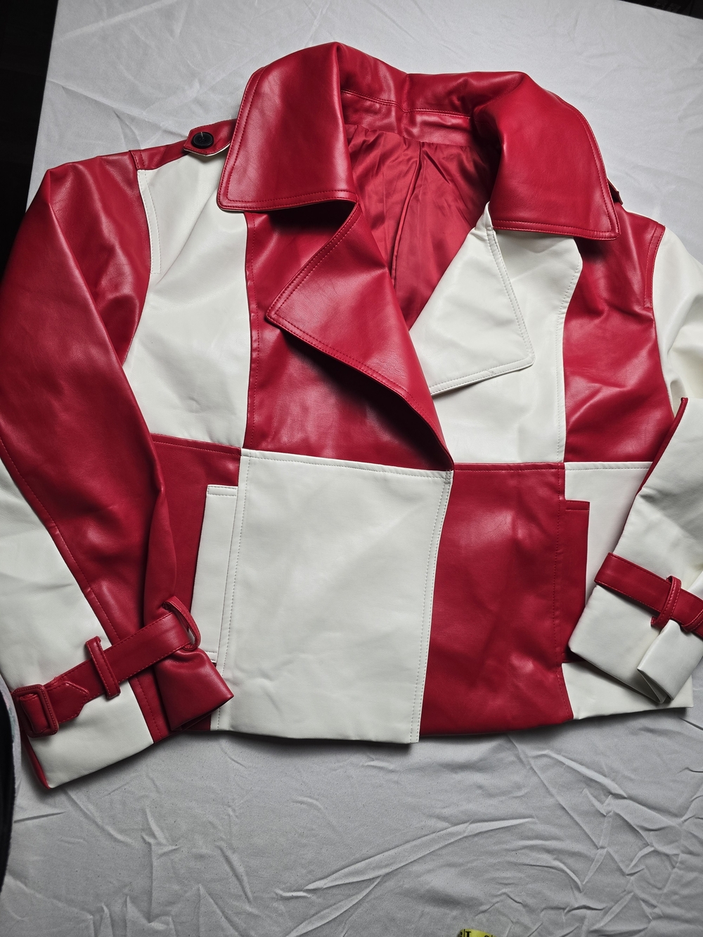 Red & White Colorblock Faux Leather Jacket